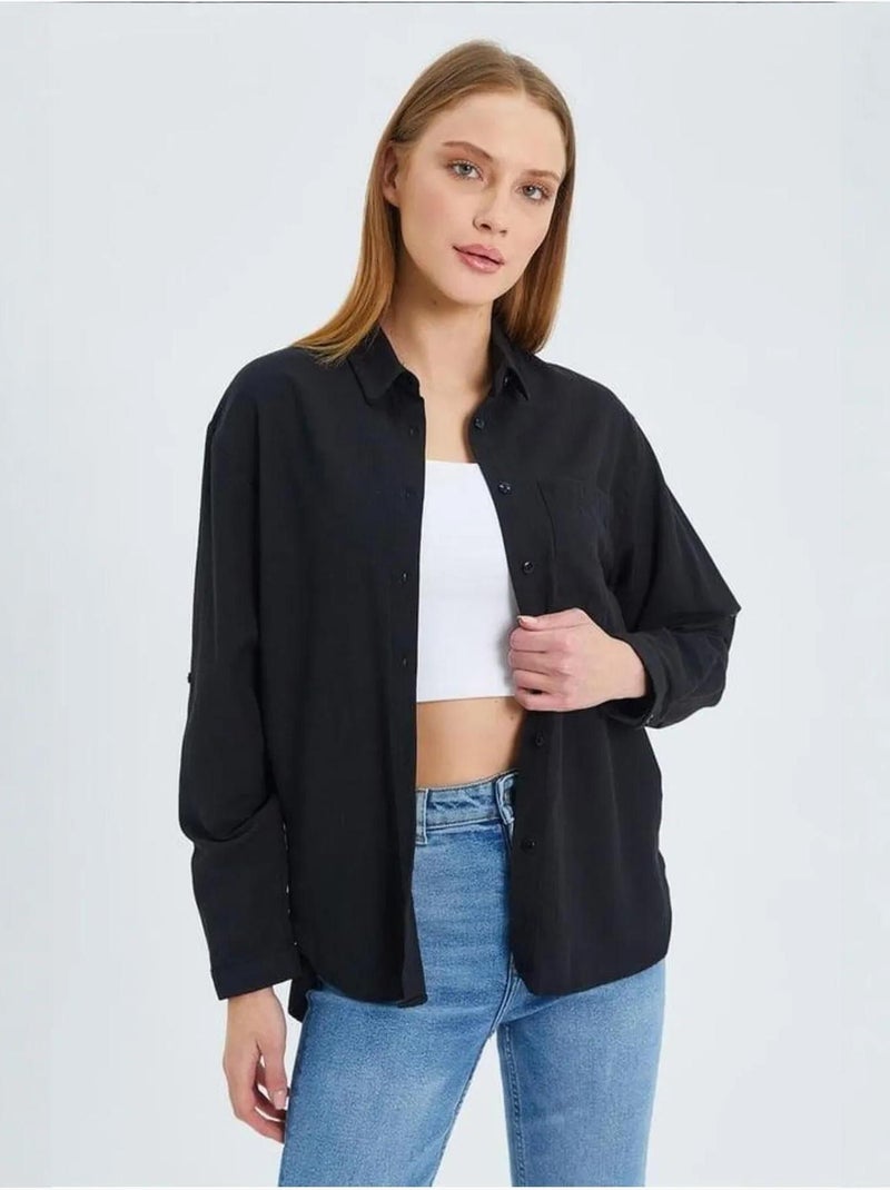 Camisa de manga larga abotonada con bolsillo mixray Negro - Kiabi