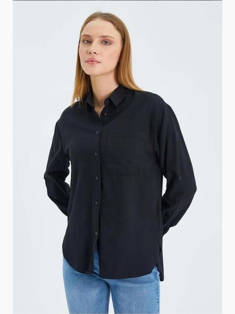 Camisa de manga larga abotonada con bolsillo mixray Negro - Kiabi