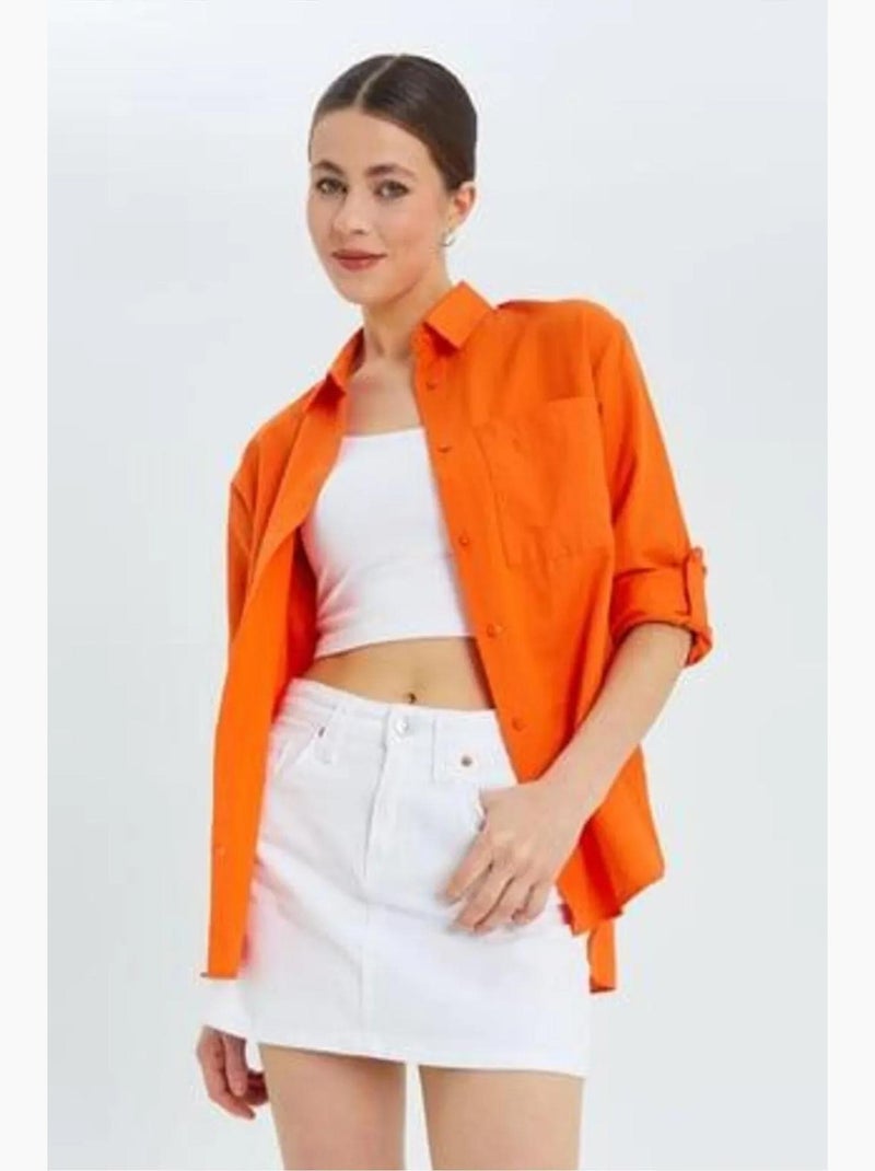 Camisa de manga larga abotonada con bolsillo mixray Rojo ladrillo - Kiabi