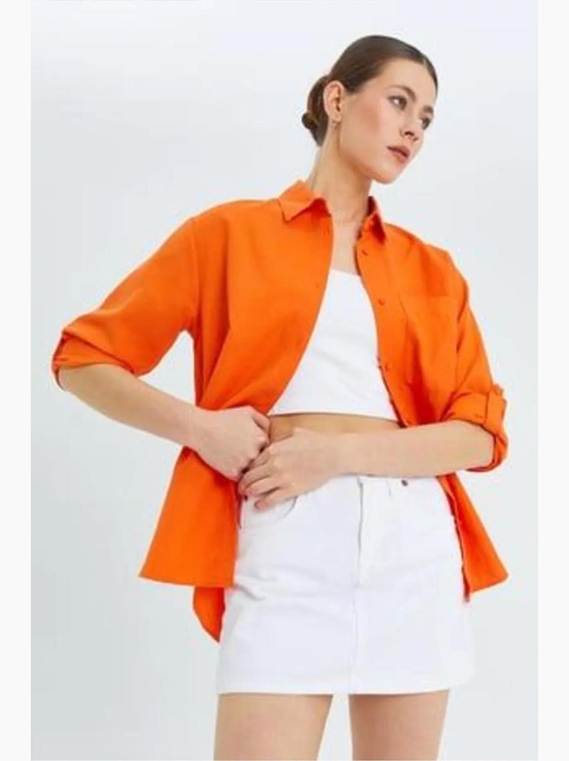 Camisa de manga larga abotonada con bolsillo mixray Rojo ladrillo - Kiabi