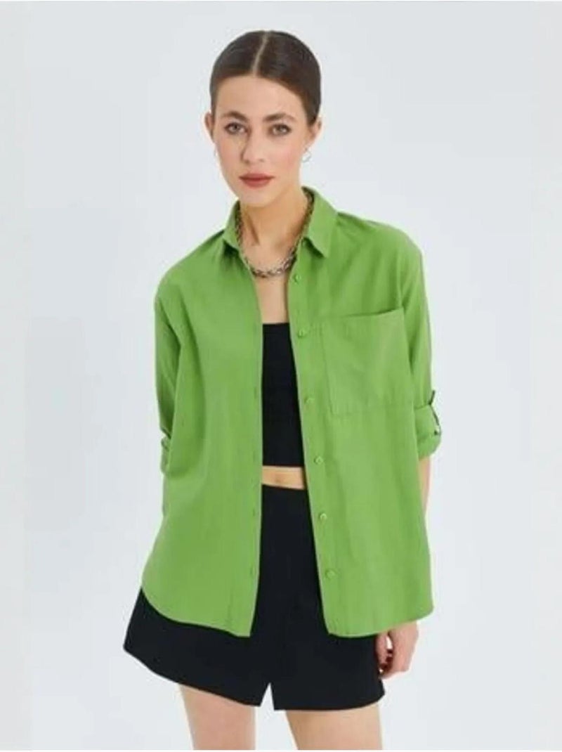 Camisa de manga larga abotonada con bolsillo mixray Verde menta - Kiabi