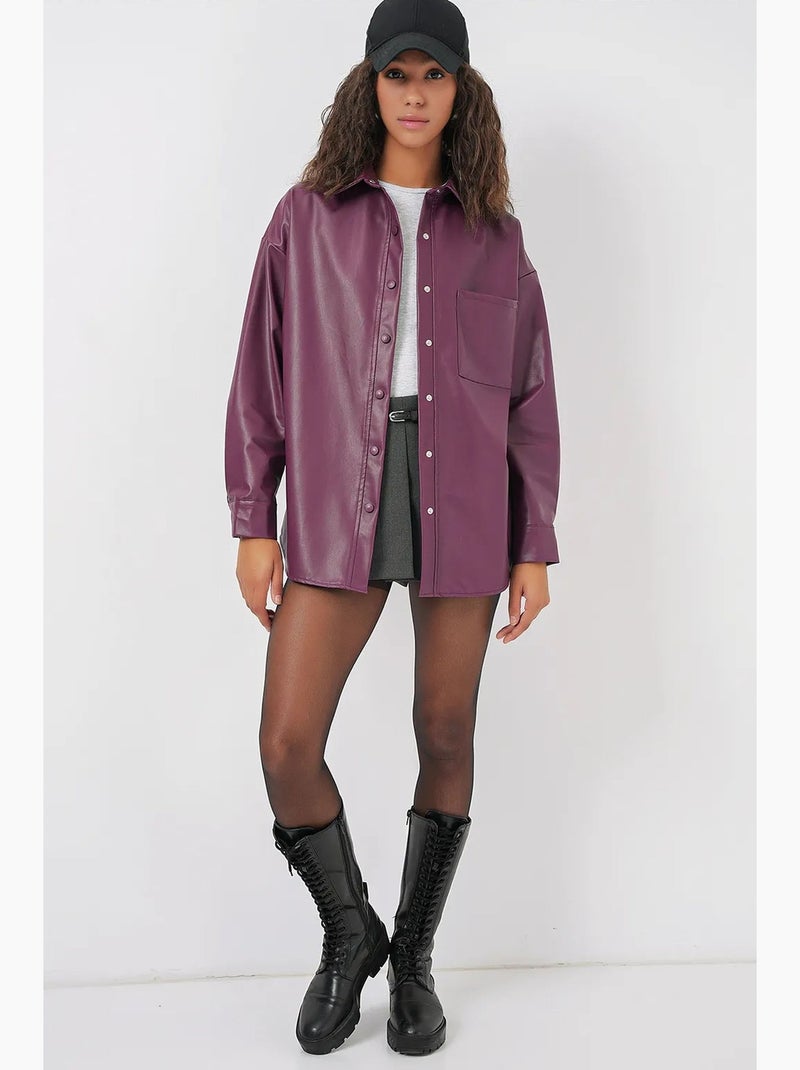 Camisa de manga larga abotonada de piel sintética extragrande con bolsillo bdart Malva - Kiabi
