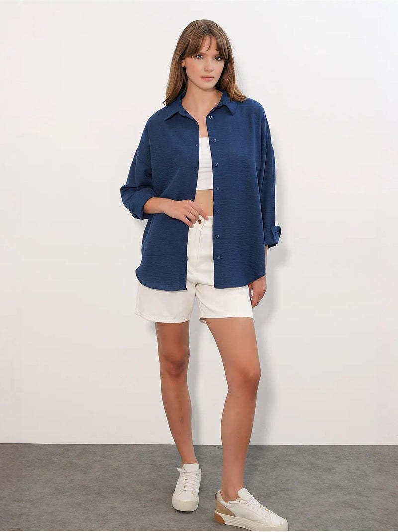 Camisa de manga larga bordada con cierre de botones bdart Azul marino - Kiabi