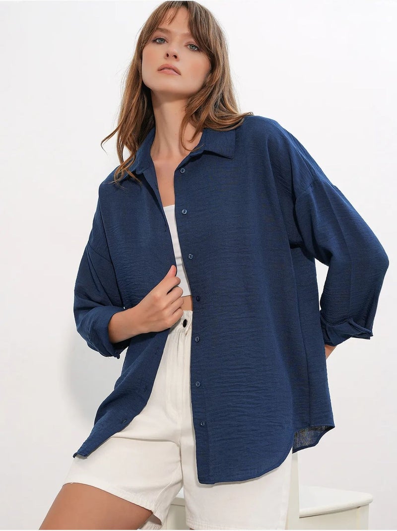 Camisa de manga larga bordada con cierre de botones bdart Azul marino - Kiabi