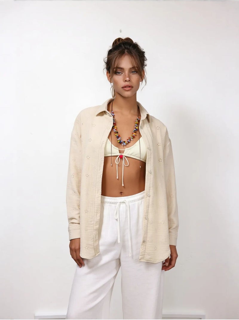 Camisa de manga larga con bordado texturizado y cierre de botones istanbul Beige arcilla - Kiabi