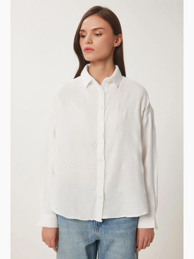 Camisa de manga larga con bordado texturizado y cierre de botones istanbul Marfil - Kiabi