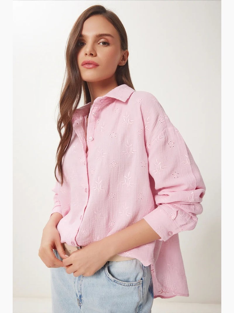 Camisa de manga larga con bordado texturizado y cierre de botones istanbul Rosa - Kiabi