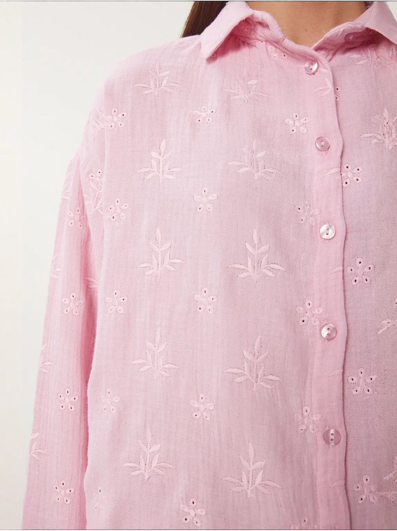 Camisa de manga larga con bordado texturizado y cierre de botones istanbul Rosa - Kiabi