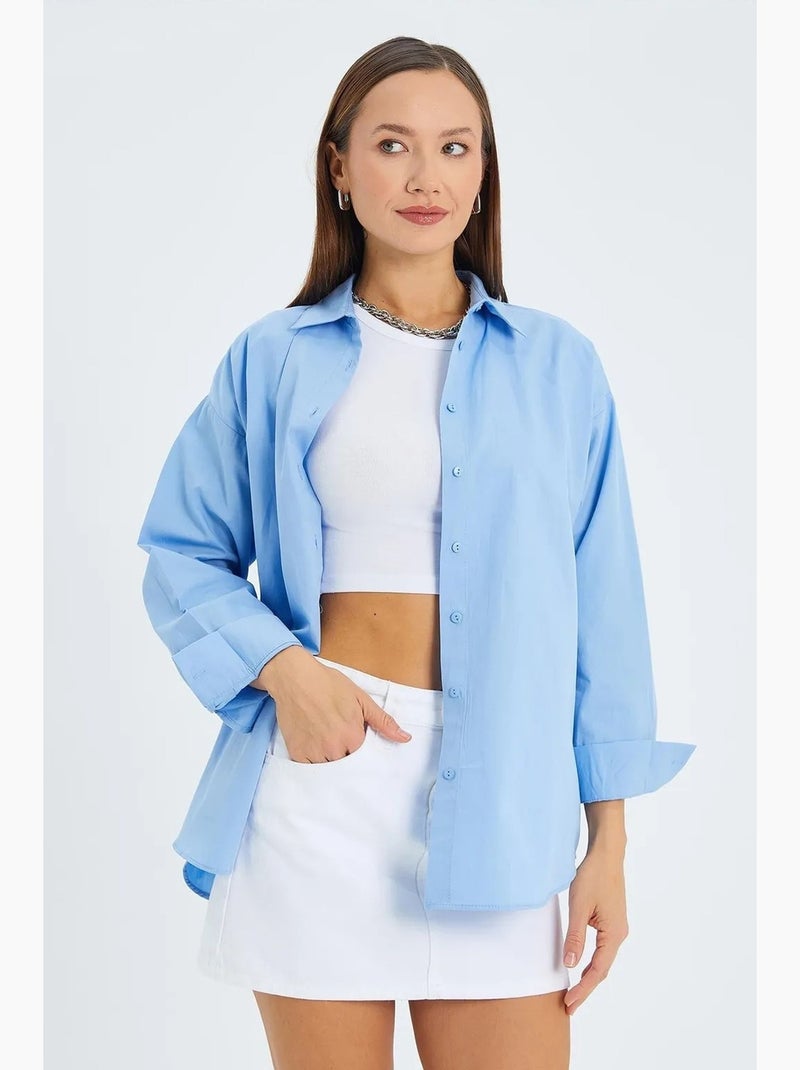 Camisa de manga larga con botones de algodón mixray Azul cielo - Kiabi