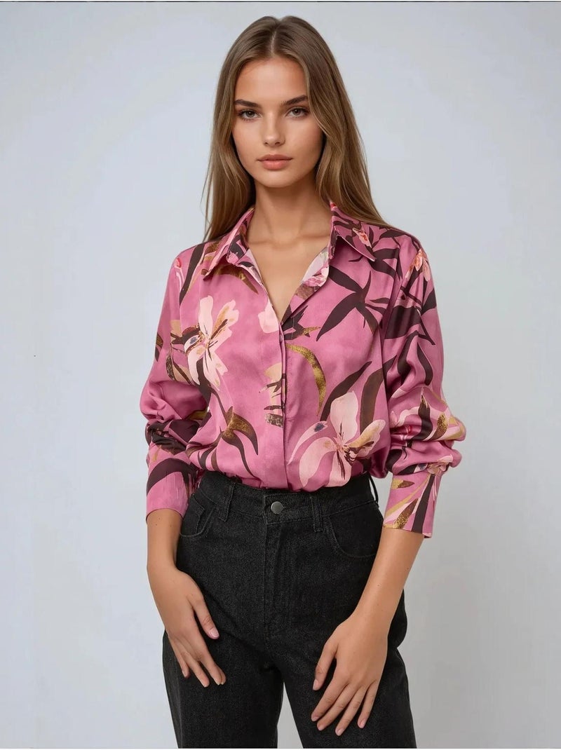 Camisa de manga larga con estampado de satén Rosa - Kiabi