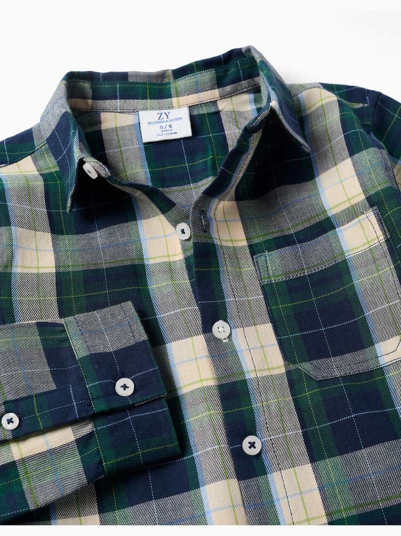 Camisa de manga larga de algodón a cuadros b&s Azul oscuro - Kiabi