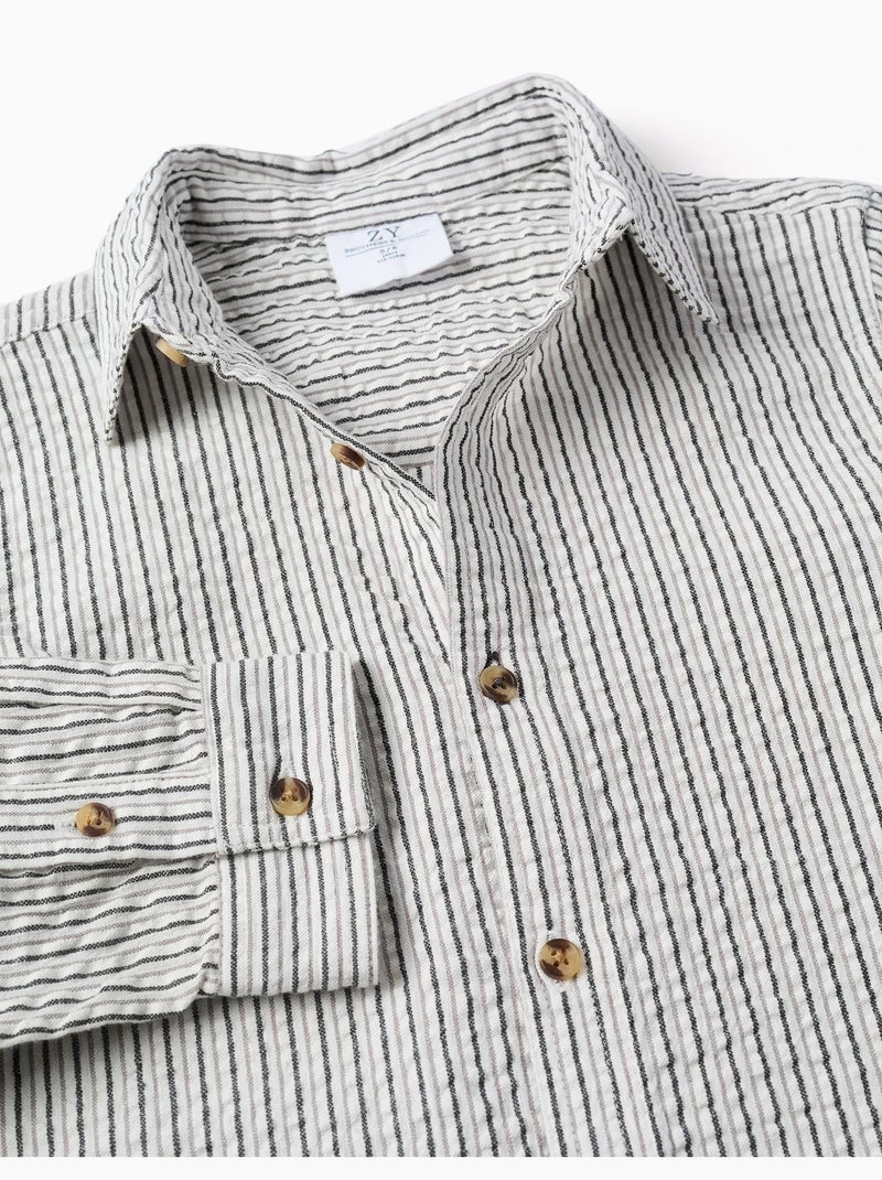 Camisa de manga larga de algodón a rayas B&S Blanco - Kiabi