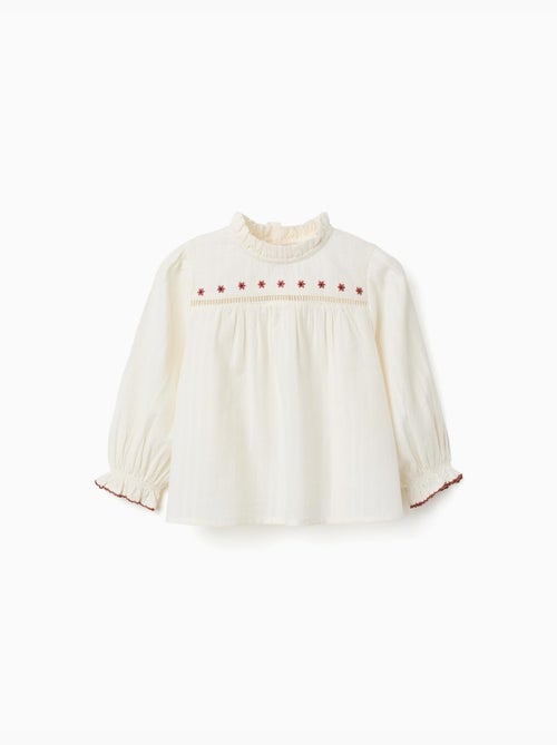 Camisa de manga larga de algodón con flores y volantes - Kiabi Camisa de manga larga de algodón con flores y volantes - Kiabi