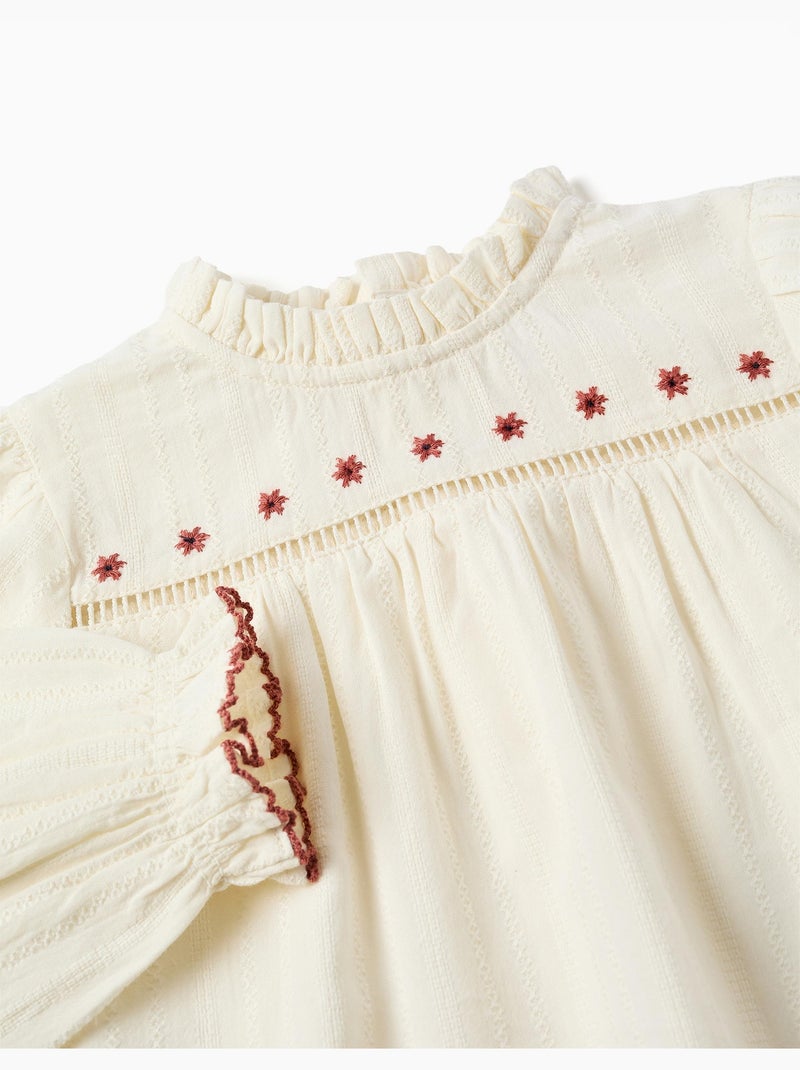 Camisa de manga larga de algodón con flores y volantes Blanco - Kiabi