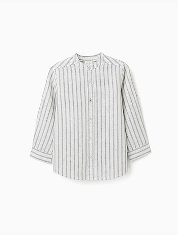 Camisa de manga larga de lino y algodón a rayas