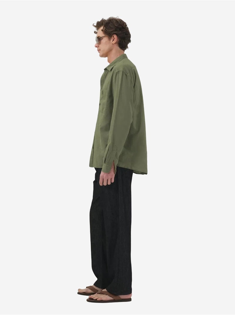 Camisa de manga larga de popelina de algodón para hombre giesto Verde caqui - Kiabi