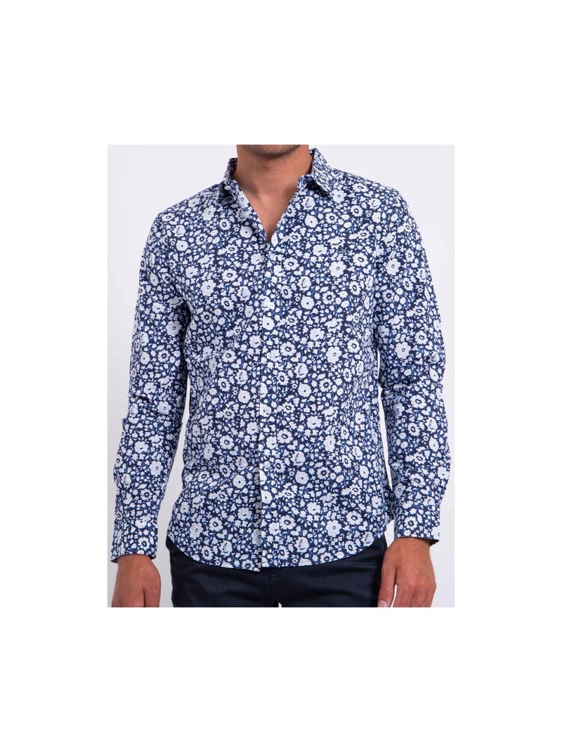 Camisa de manga larga de puro algodón estampada DELVILLE Azul marino - Kiabi