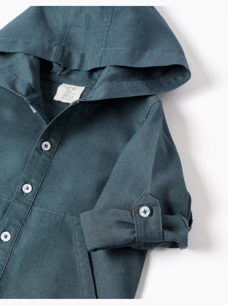 Camisa de manga larga en lino y algodón con capucha Azul Azul - Kiabi