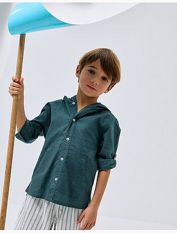 Camisa de manga larga en lino y algodón con capucha