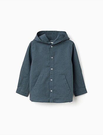 Camisa de manga larga en lino y algodón con capucha