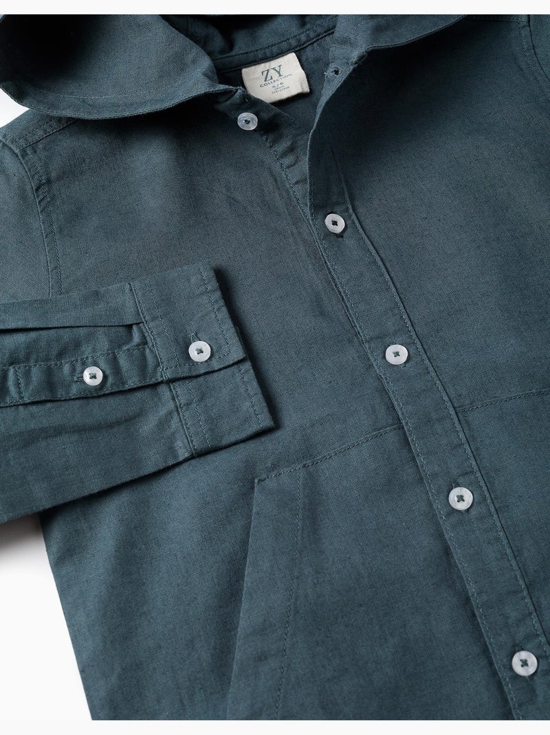 Camisa de manga larga en lino y algodón con capucha Azul Azul - Kiabi