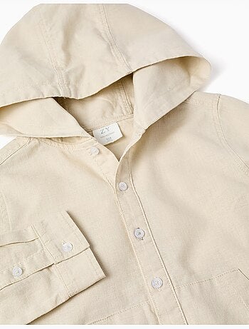 Camisa de manga larga en lino y algodón con capucha