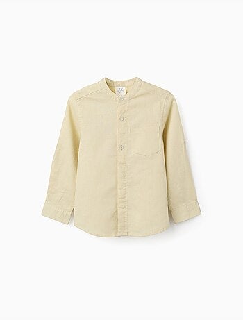 Camisa de manga larga en lino y algodón con cuello mao