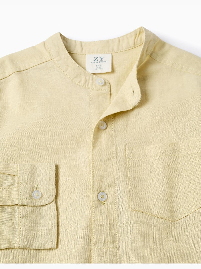 Camisa de manga larga en lino y algodón con cuello mao Amarillo claro - Kiabi