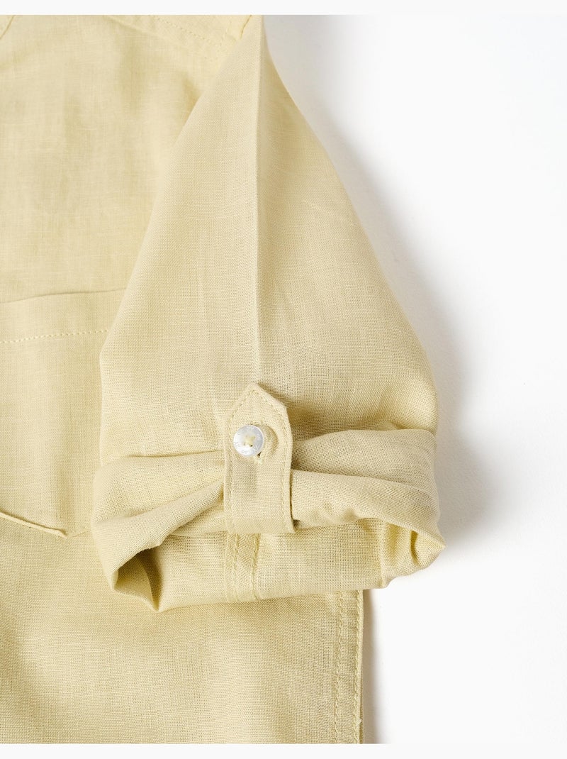 Camisa de manga larga en lino y algodón con cuello mao Amarillo claro - Kiabi