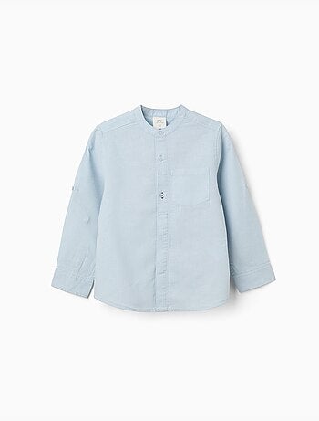 Camisa de manga larga en lino y algodón con cuello mao