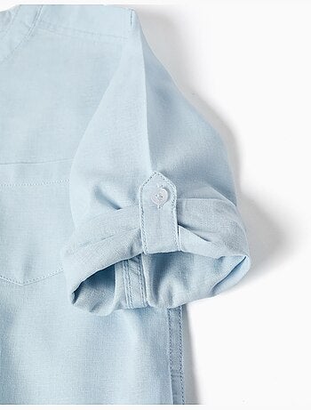 Camisa de manga larga en lino y algodón con cuello mao