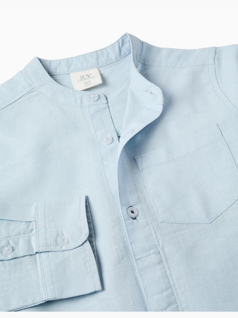 Camisa de manga larga en lino y algodón con cuello mao Azul claro - Kiabi