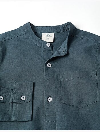 Camisa de manga larga en lino y algodón con cuello mao