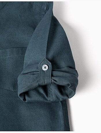 Camisa de manga larga en lino y algodón con cuello mao