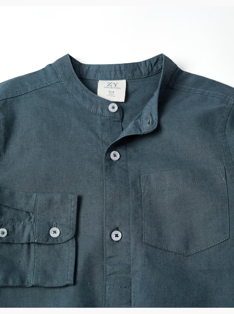 Camisa de manga larga en lino y algodón con cuello mao Azul oscuro - Kiabi