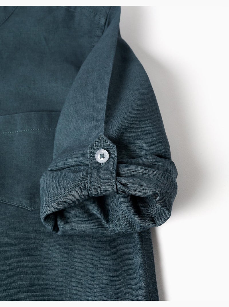 Camisa de manga larga en lino y algodón con cuello mao Azul oscuro - Kiabi