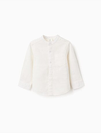 Camisa de manga larga en lino y algodón con cuello mao