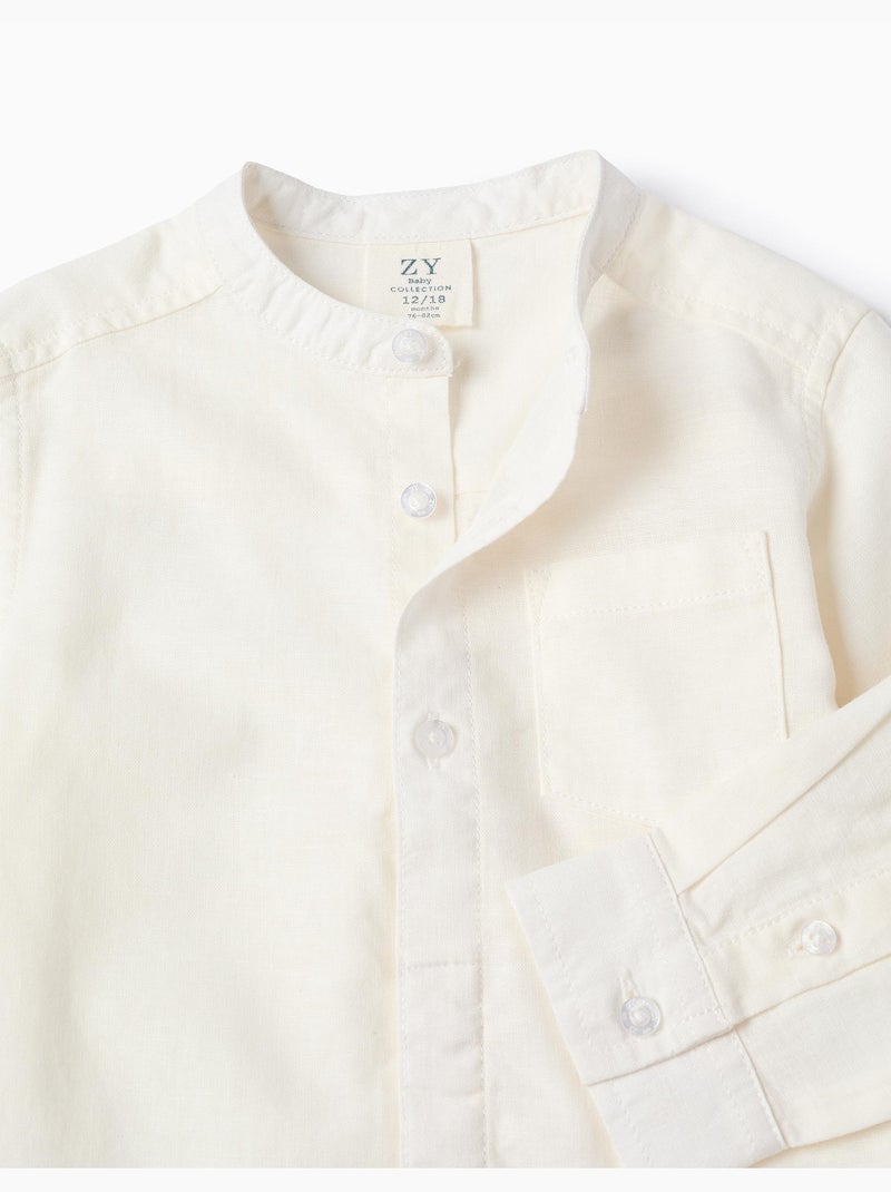 Camisa de manga larga en lino y algodón con cuello mao Blanco - Kiabi