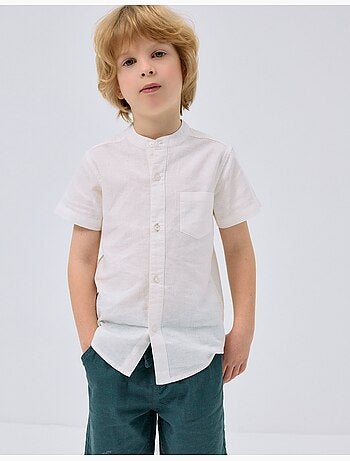 Camisa de manga larga en lino y algodón con cuello mao