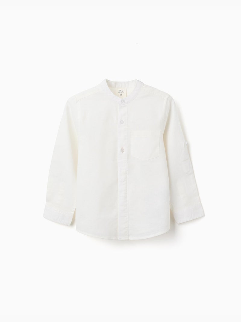 Camisa de manga larga en lino y algodón con cuello mao Blanco - Kiabi