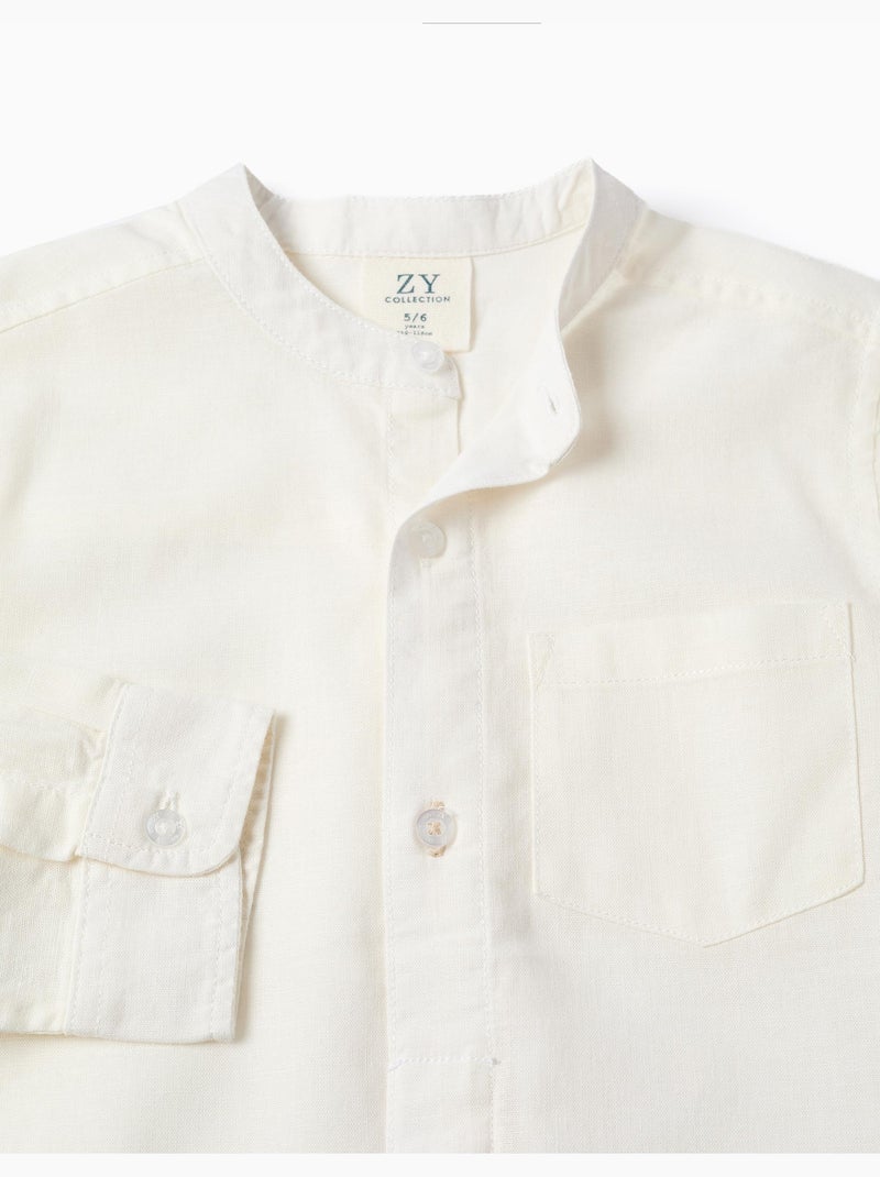 Camisa de manga larga en lino y algodón con cuello mao Blanco - Kiabi