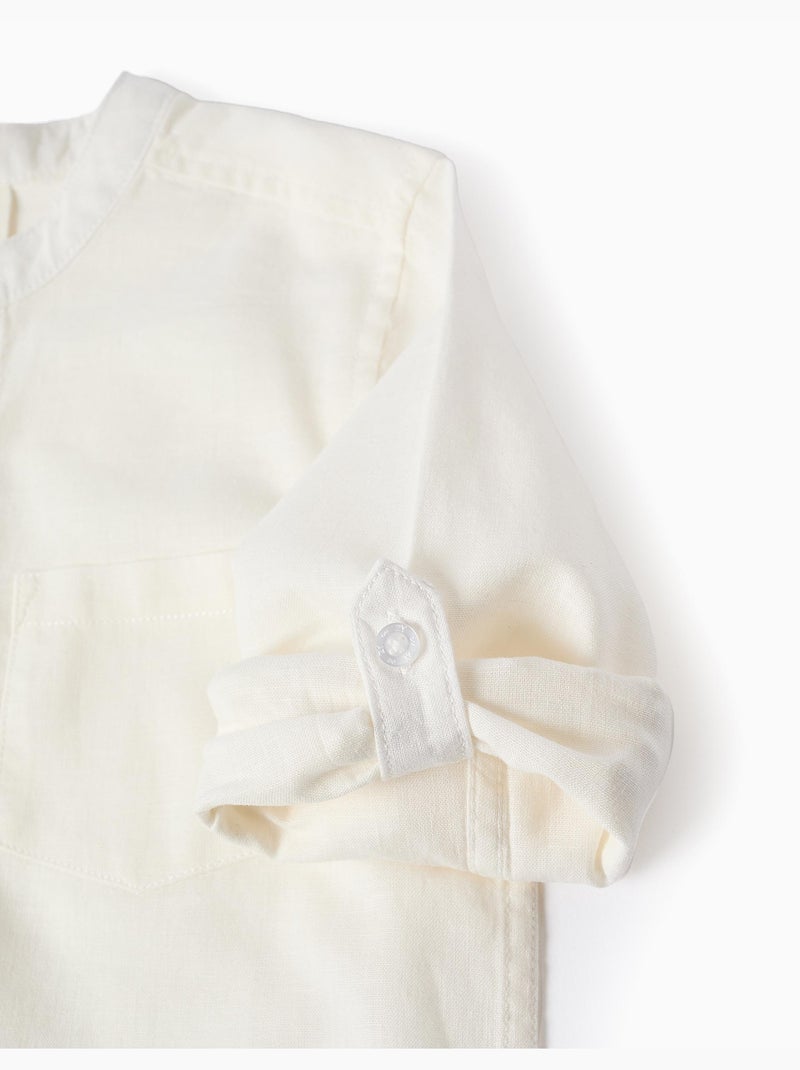 Camisa de manga larga en lino y algodón con cuello mao Blanco - Kiabi
