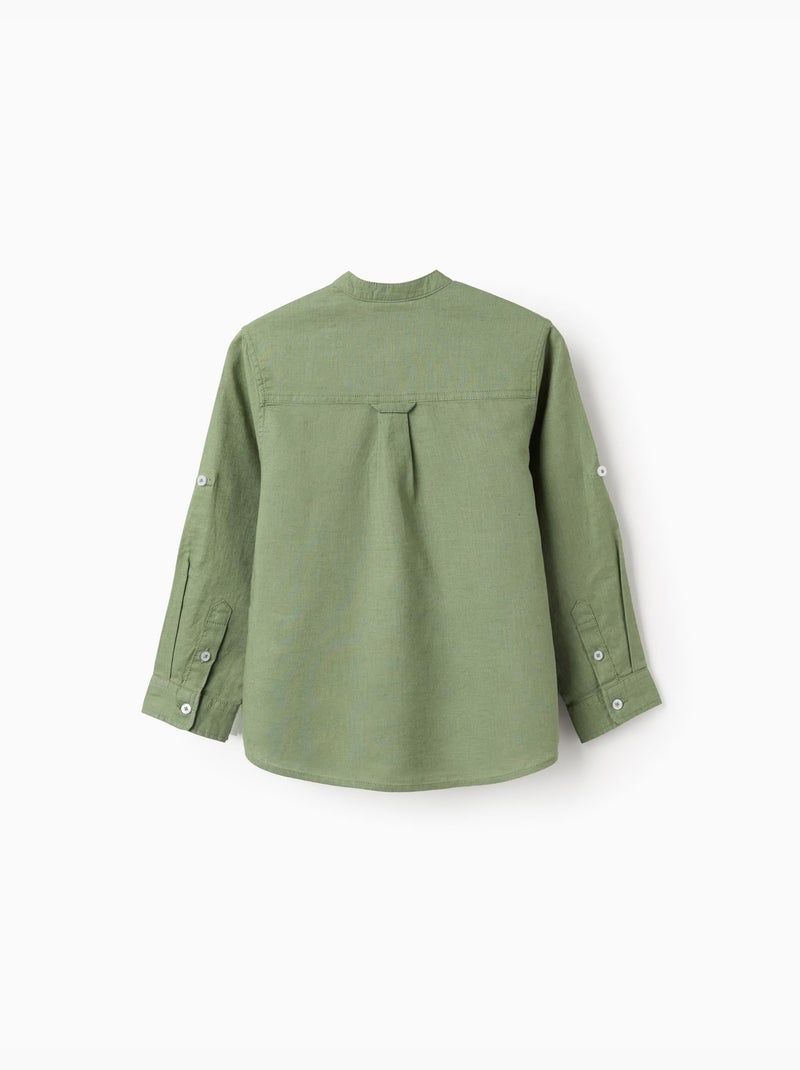 Camisa de manga larga en lino y algodón con cuello mao Verde - Kiabi