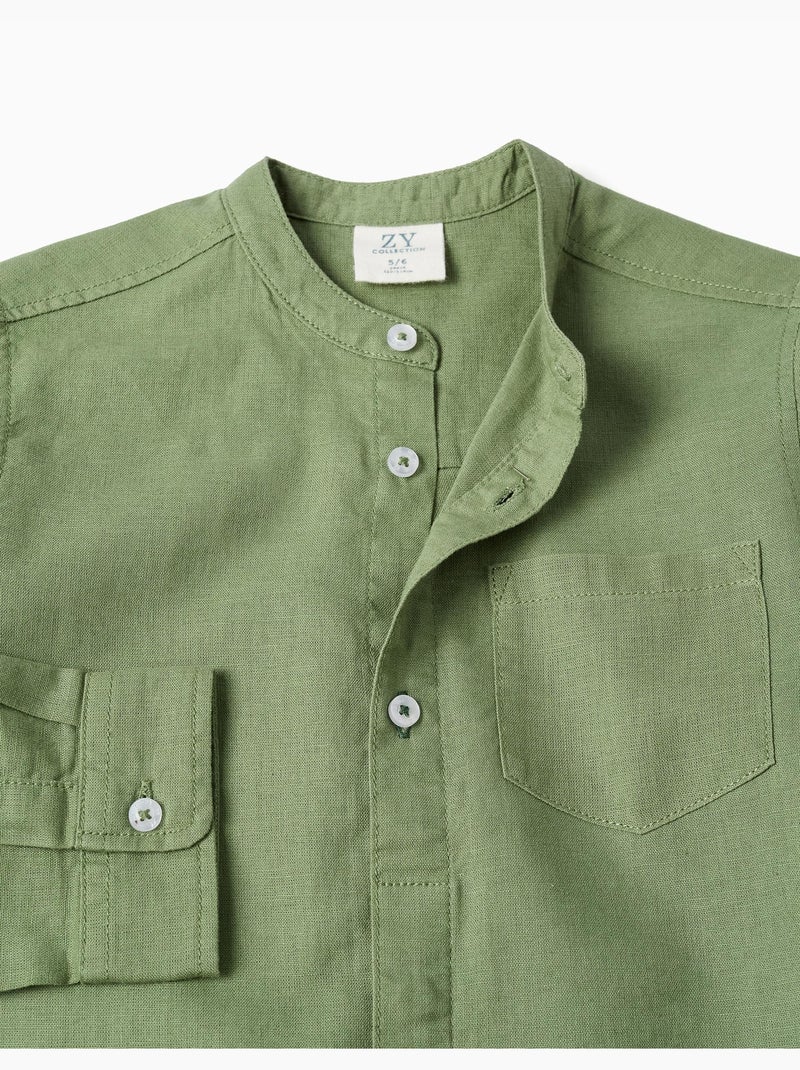 Camisa de manga larga en lino y algodón con cuello mao Verde - Kiabi