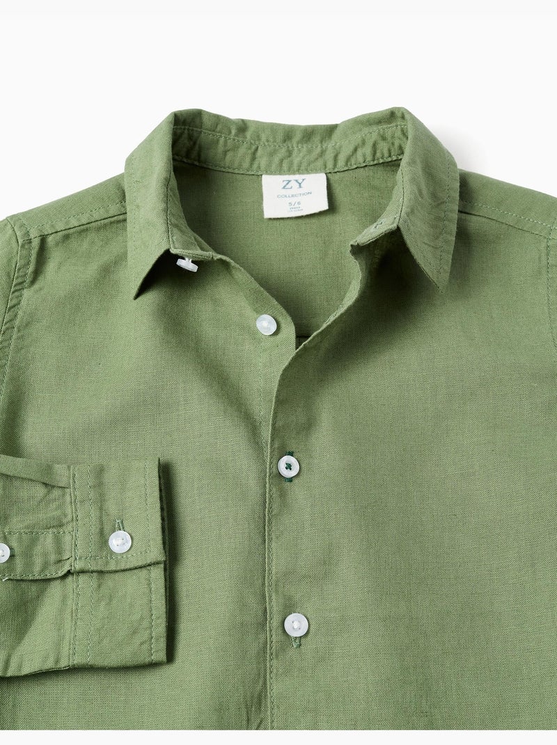 Camisa de manga larga en lino y algodón Verde - Kiabi