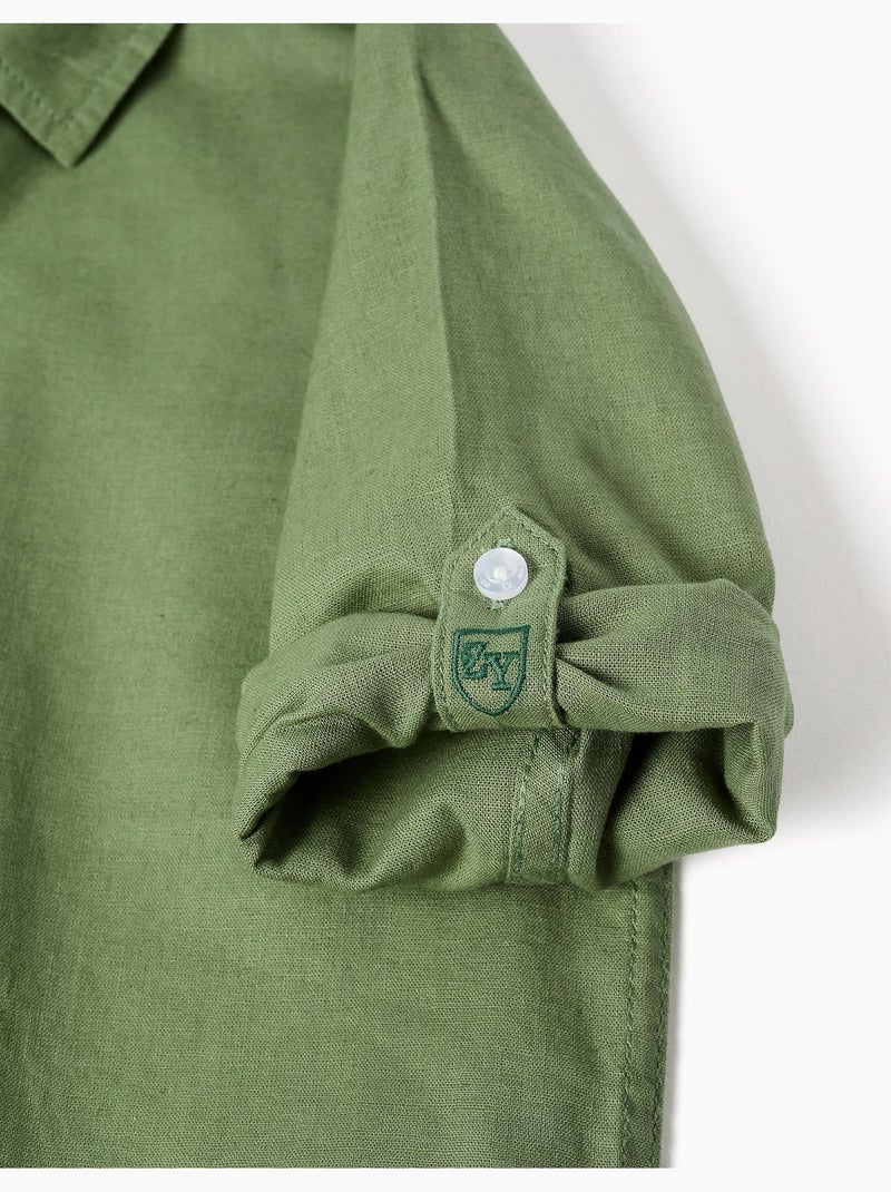Camisa de manga larga en lino y algodón Verde - Kiabi