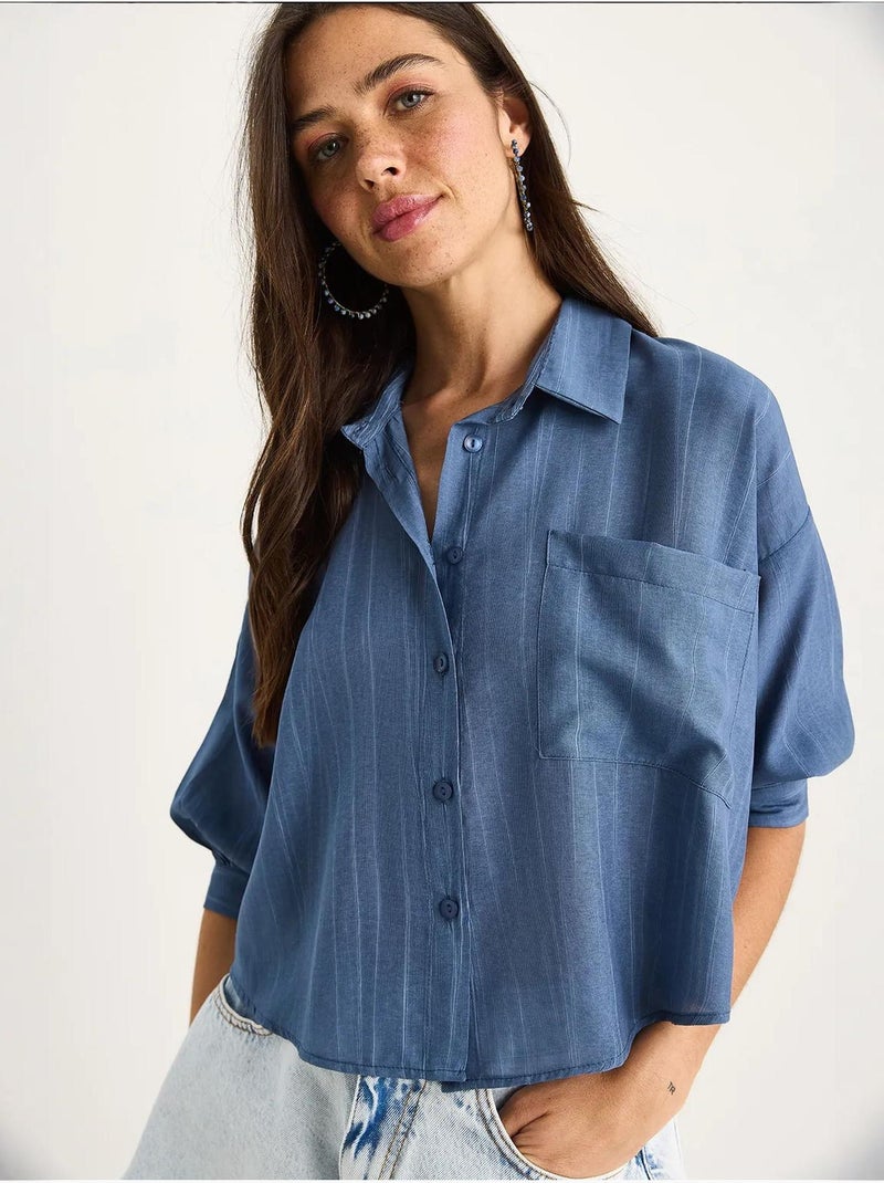 Camisa de media manga con raya del mismo color y un solo bolsillo lucci Azul eléctrico - Kiabi