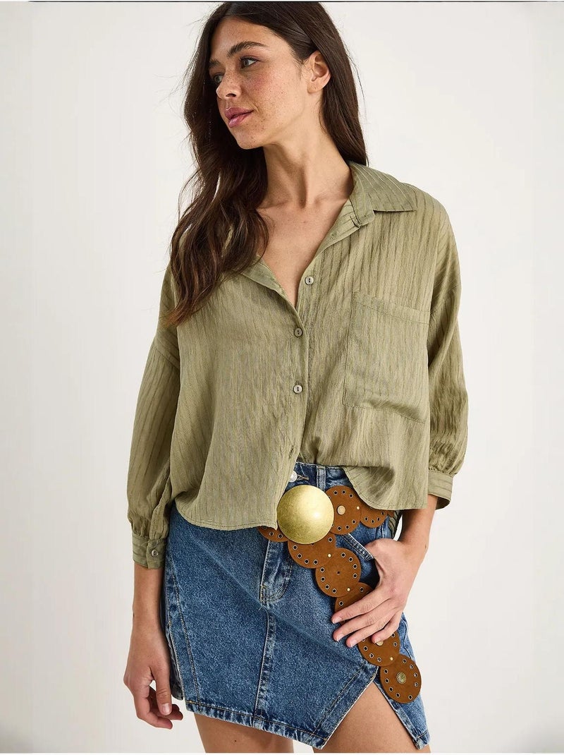 Camisa de media manga con raya del mismo color y un solo bolsillo lucci Caqui - Kiabi