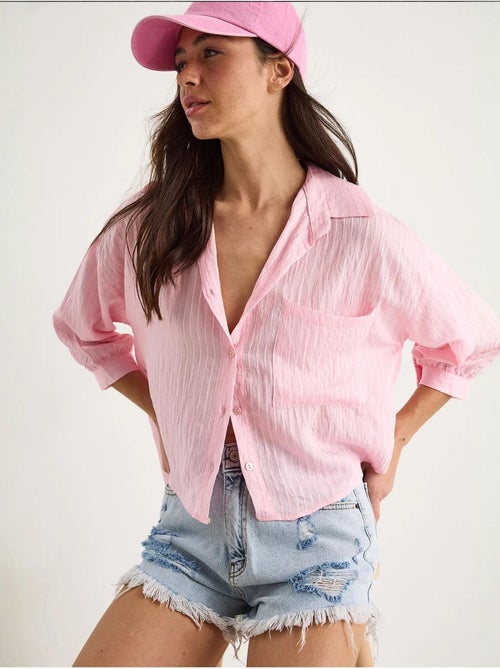 Camisa de media manga con raya del mismo color y un solo bolsillo lucci - Kiabi Camisa de media manga con raya del mismo color y un solo bolsillo lucci - Kiabi