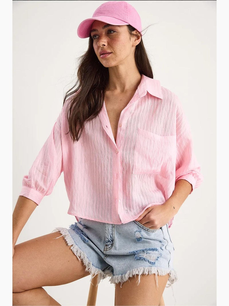 Camisa de media manga con raya del mismo color y un solo bolsillo lucci Rosa claro - Kiabi